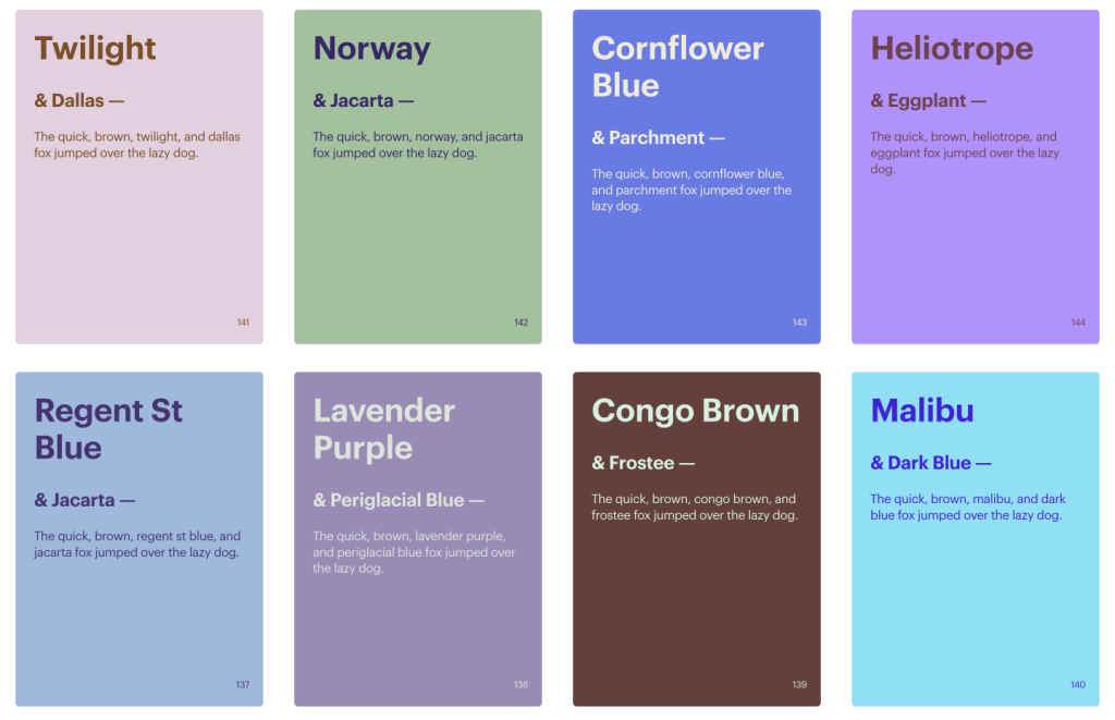 An image showing eight color swatches, each with a unique color blend and associated font color, named and numbered for design reference. From top left to bottom right, the swatches are named: Twilight & Dallas (141), Norway & Jacarta (142), Cornflower Blue & Parchment (143), Heliotrope & Eggplant (144), Regent St Blue & Jacarta (137), Lavender Purple & Periglacial Blue (138), Congo Brown & Frostee (139), and Malibu & Dark Blue (140). Each swatch includes the sample text 'The quick, brown, [color names] fox jumped over the lazy dog.' to demonstrate the font's appearance on the respective background.