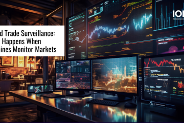 "Advanced trade surveillance setup with multiple screens displaying real-time financial data and analytics, highlighting AI's role in monitoring equity markets."
