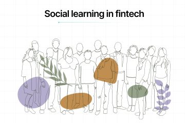 A minimalistic line drawing of a diverse group of people, representing a collaborative environment. The background features soft pastel accents and abstract leaves, highlighting the theme of "Social learning in fintech" with the Ionixx Technologies and Studio iX logos present.