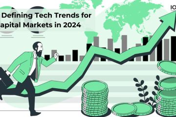 An illustration representing the rise of tech trends in capital markets for 2024. It shows a businessman in a green suit running with a briefcase along an upward green graph line, symbolizing growth and success. The background includes a world map, bar graphs, and stacks of coins, emphasizing global financial markets and technological advancements. The text '5 Defining Tech Trends for Capital Markets in 2024' is prominently displayed.