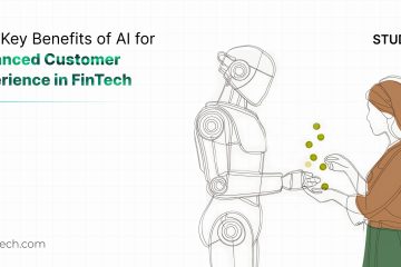 "An illustration featuring a robot and a human interacting, with coins being exchanged between them. The text reads 'Four Key Benefits of AI for Enhanced Customer Experience in FinTech.' The image includes the Studio iX logo and the website 'ionixxtech.com' at the bottom."