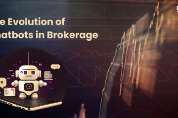"An illustration depicting the evolution of chatbots in the brokerage industry, featuring a robot emerging from a laptop, with financial graphs in the background and the Ionixx Technologies logo in the corner."